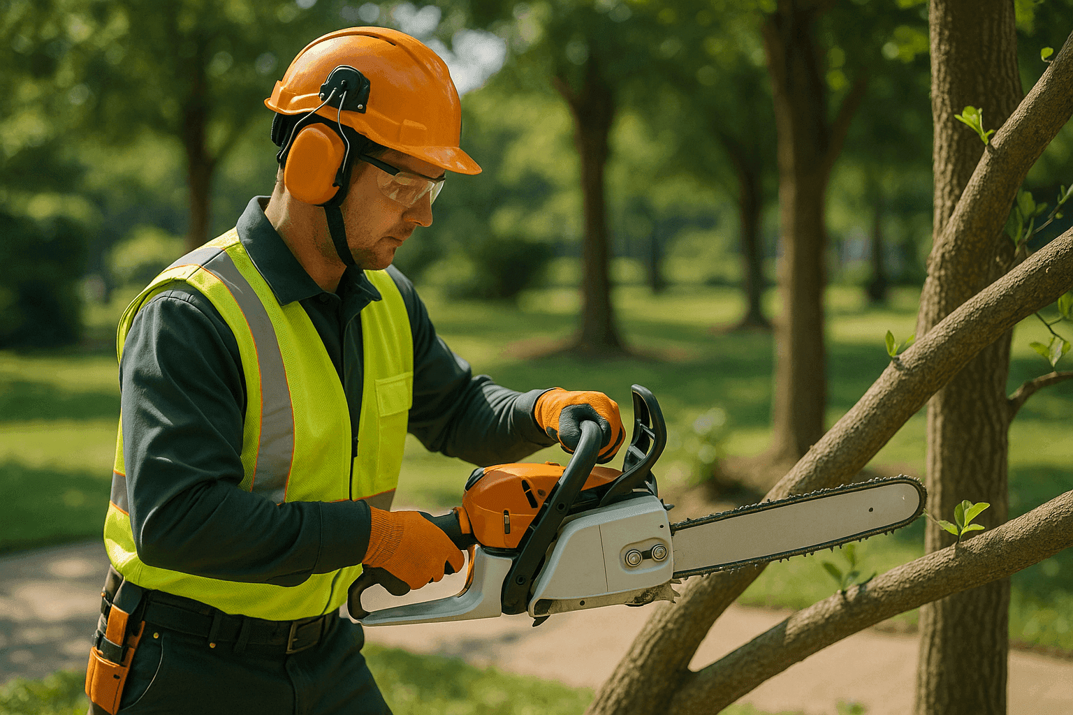 Tree service worker in PPE operating tree care tools outdoors among healthy trees in Briarwood Estates