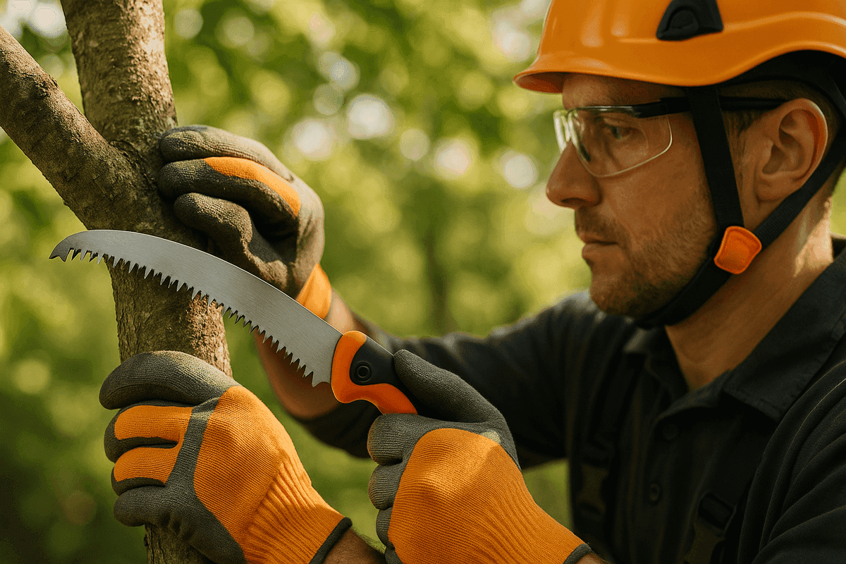 Gloved hands of tree service worker pruning a healthy tree branch with saw in Briarwood Estates