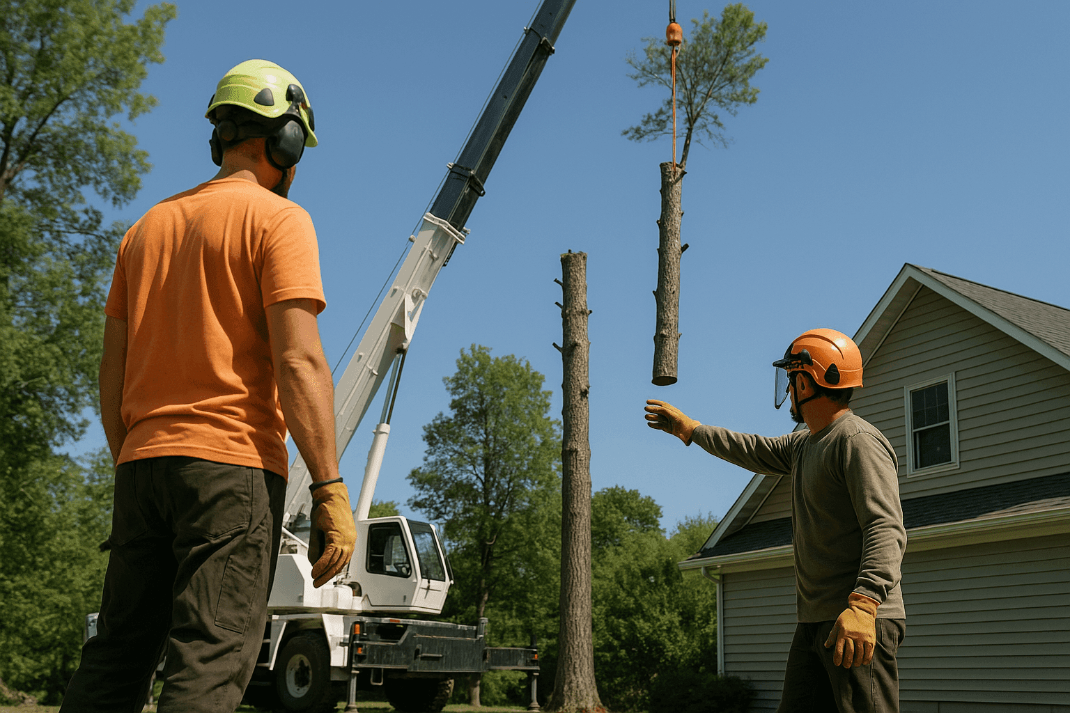 Professional crew performing crane-assisted tree removal near a home