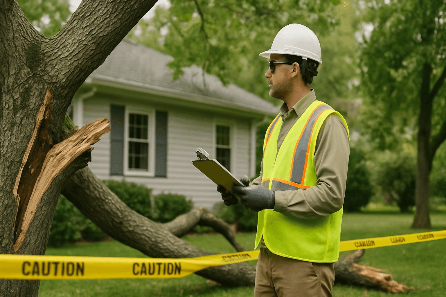 Certified arborist assessing storm-damaged tree near home with caution tape