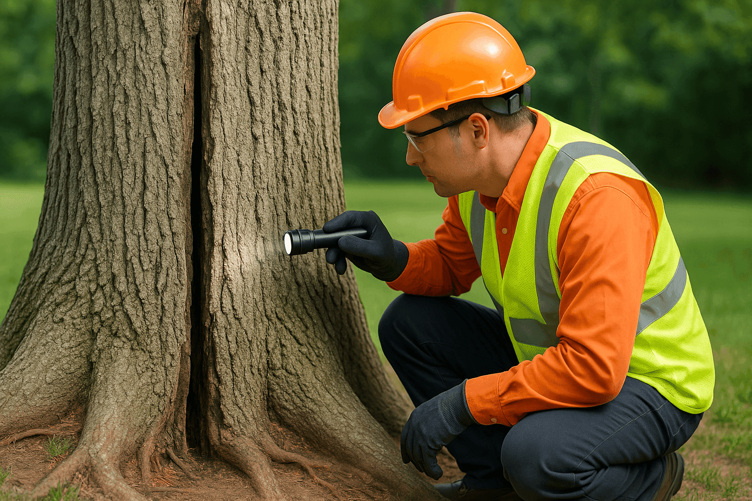 Arborist examining tree with visible trunk crack and exposed roots