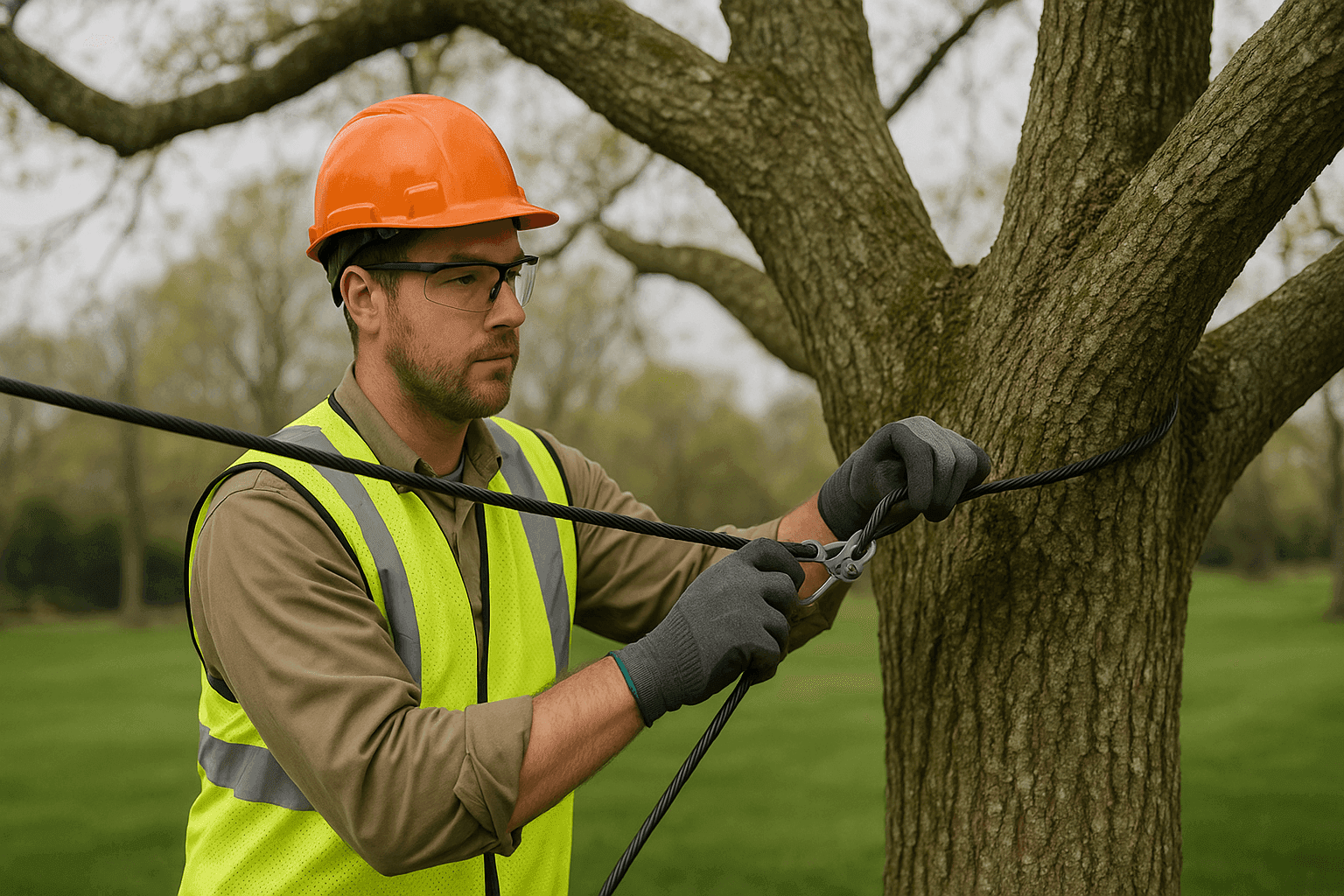 Tree care professional installing cabling in large tree before storm season