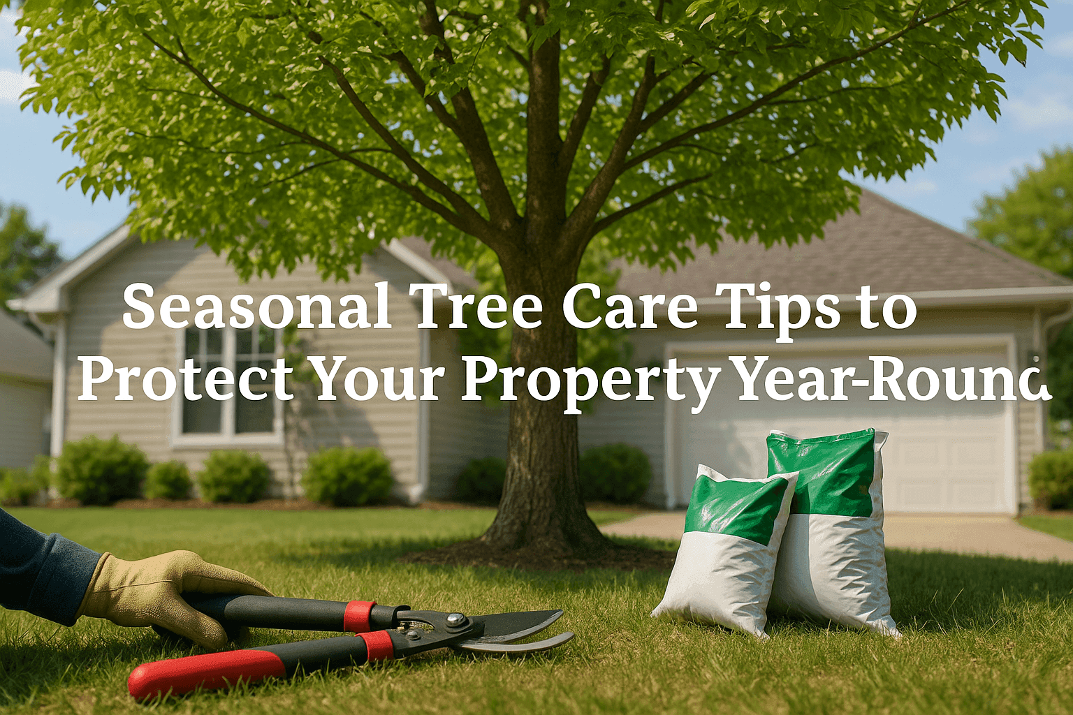Homeowner performing seasonal tree care with pruning shears and fertilizer in yard
