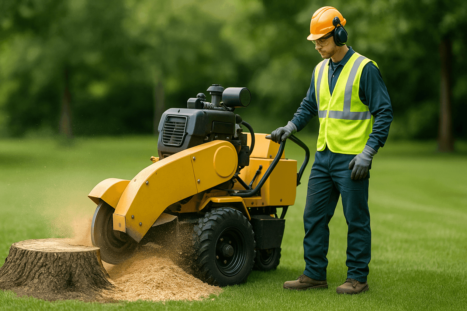 Stump grinding machine removing large tree stump in lawn