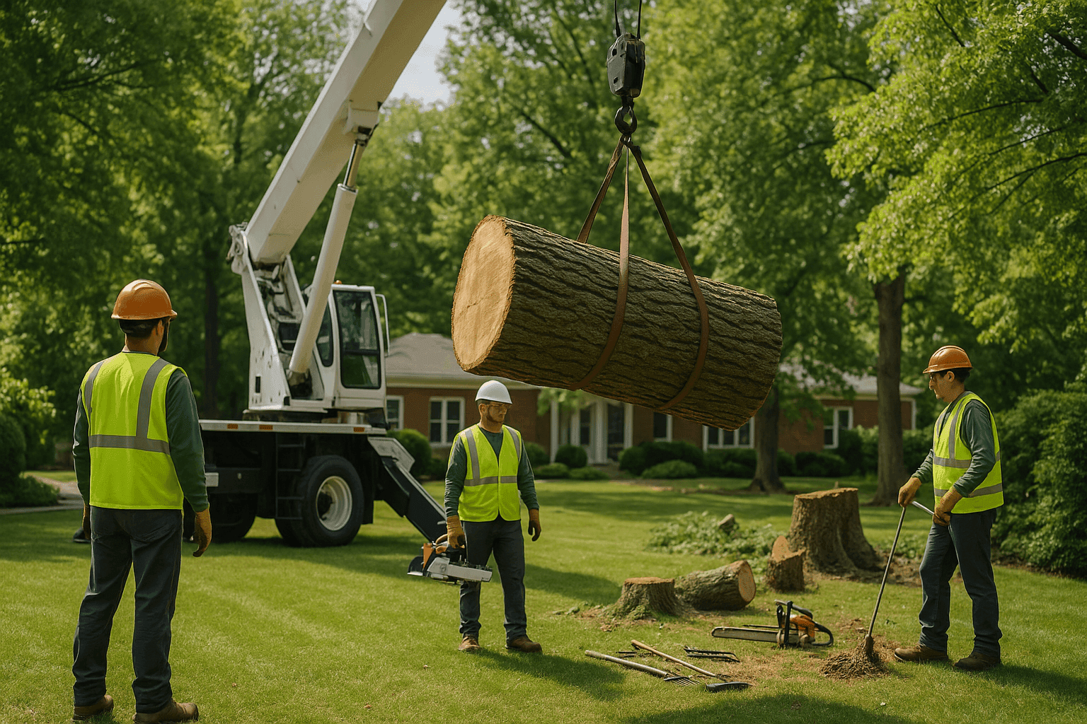 Tree service crew using crane to remove large tree section safely