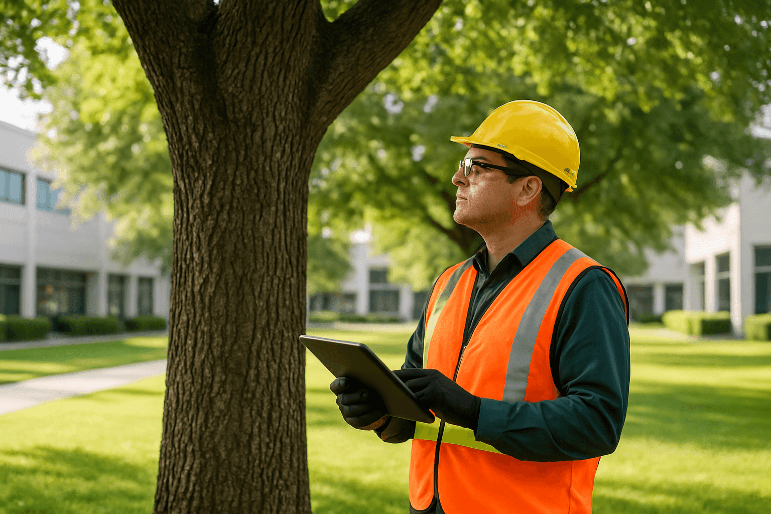 Certified arborist using tablet to assess mature tree in business park